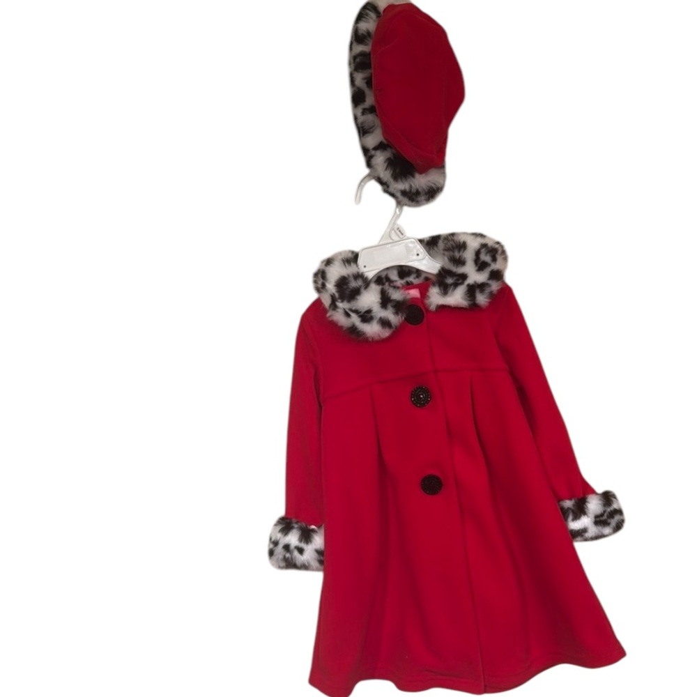 SOPHIE ROSE Baby Girl Red Black White Leopard Detail Hood Winter Coat Sz 24M NEW